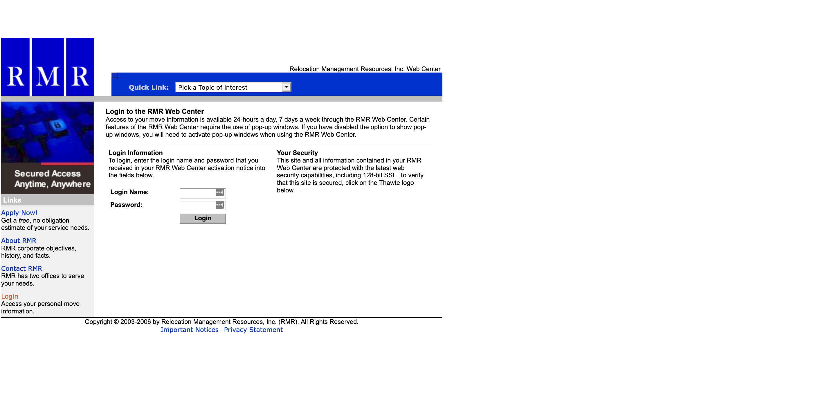 RMR's old client portal login screen